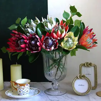 1 TK Kunstlikku Lille Silk Kuningas Protea DIY Flower Arrangement Võltsitud Keiser Lilled Valged Kodu Poole Pulmad Tabelis Teenetemärgi