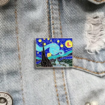 10tk/Palju Cartoon Kuldne Van Gogh õlimaal Tähine Sun Moon Emailiga Prossid Ehted Pääsme Soovi Pin-Naistele Omatehtud Kingitus