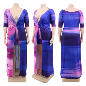2020. aasta Sügisel Naiste Seksikas Kleidid Kahe Töö Seab Witth Tie-dye Printimiseks Lady Sügaval v-Kaelusel Pits-up Split Kleit + Mini lühikesed Püksid Varustus