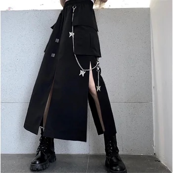 2021 Uus Kevad-Sügis Naiste Seelik Fashion korea stiilis Musta Pikad Seelikud, mille ahela pool pilu, Hip-hop streetwear pluss suurus