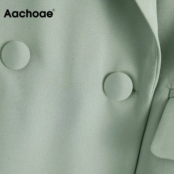 Aachoae Büroo Kandma Tahke Värvi Ülikonna Pintsak Komplekt Naistele Topelt Karavan Bleiser Sirged Pikad Püksid Elegantne Roheline 2-Osaline Komplekt