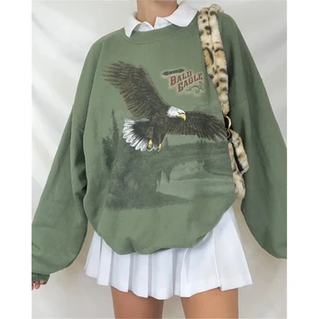 Armee Roheline Eagle Kirja Prindi Liiga Crewneck Dressipluus Naiste Vintage Pika Varrukaga Pullover Mood Tops Kevad Sügis 2021