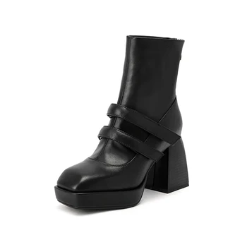 ASUMER Pluss suurus ehtne nahk saapad naiste zip-sügis-talve kingad, platvorm saapad fashion square kõrge kontsaga poolsaapad naistele