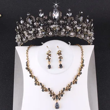 Barokk Vintage Black Crystal Tiaras Kroonid Faux Pärl Pruudi Ehted Komplekti Naiste Pulm Tarvikud, Kaelakee, Kõrvarõngad, Komplekt