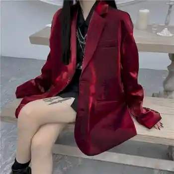 Burgundia Bleiser Naiste Top Crimson Hele Silk Sobiks Naine Korea Stiilis Isiksuse Lääne Moes Net Punane Top Lahti Jope