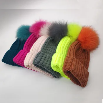 Chidren on Tõeline 15cm Fox Pesukaru Karusnahast Pom pom Silmkoelised Beanies Mütsid Talvel Lapsed Poisid Tüdrukud Vabaaja Skullies Mütsid Kapoti Homme