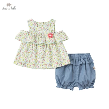 DBM17768 dave bella suvel beebi tüdruk on armas õie printida riided komplektid kids tüdruk moe varrukateta komplektid lastele, 2 tk ülikond