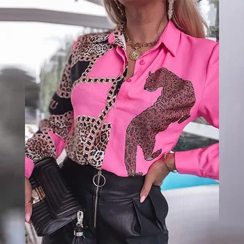 Elegantne Kett Leopard Pink Segast Pluusid Naiste Vabaaja Turn-Down) Krae-Nupp Tops 2021 Office Lady Fashion Uued Pikad Särgid