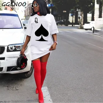 GGLNOO Pluss Suurus Naised Suvel Kleidid Lühikesed Varrukad Crewneck Poker Mustriga Pulloverid Tshirt Kleit GG23252