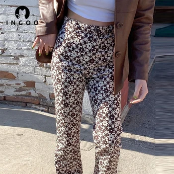 INGOO Kõrge Vöökoht Sirge Põletatud Prindi Püksid Naiste Retro Dot Lill Pruun Bootcut Y2K Püksid Slim Vabaaja Vintage Streetwear