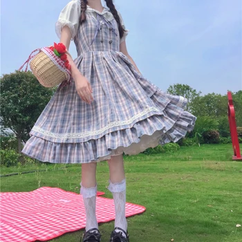 Jaapani Lolita Girl Kleit Lühikeste varrukatega Lolita Koos Slim Ruuduline Dungaree Kleit Naiste Suvine Haldjas Kei Lolita Kleit