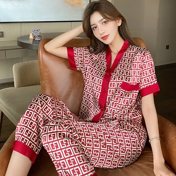 JRMISSLI Naiste Pidžaama Komplekt Uus Luksus Stiilis Rist Kirja Prindi Sleepwear Silk Pijama Vaba aja veetmise Kodu Riided Nightwear Pyjama