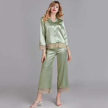 JUULI LAULU Elegantne Plekk Silk Naine Pidžaama Komplekt 2 Tükki Kevadel, Suvel Sleepwear Seksikas Pitsiline Pikkade Varrukatega Pidžaama V-kaeluse Homewear