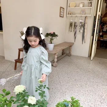 Kevad-sügis uus väike värske Lille Tikandid puuvillased kleidid tüdruk korea väike tüdruk printsess kleit laste pikad varrukad
