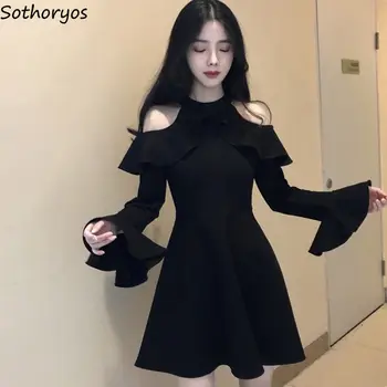 Kleit Naiste Kevad Päitsed Flare-varruka-line Must Ruffles Shoulderless Seksikas Elegantne Naiste korea Stiilis Stiilne Lihtne Slim Uus