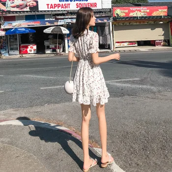 Korea Magus Naine Lilleline Kleit Sifonki Trükkimine Slim Kõrge Vöökoht Suvel Kleidid