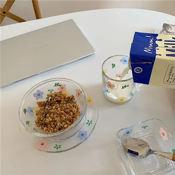 Korea Style Värske ja Armas Lill Klaas Kauss hommikusöögihelveste Salat Kaussi Klaas Tass kuumakindel Plaat Lill