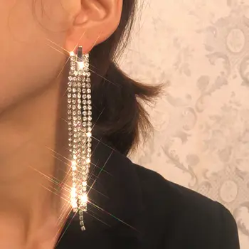 LIHTSALT TUNNEN Uus Disain Crystal Tutt Pikk Tilk Kõrvarõngad Naistele Luksuslik Läikiv Hõbedane Värv Rhinestone Avaldus Kõrvarõngad Ehted