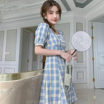 Lühikesed Varrukad Kleit Square Krae Sinine Ruuduline Mini Korea Stiilis Vintage Magus Armas Daamid Mood Pakkumise Elegantne Naiste Stiilne Sobivaks