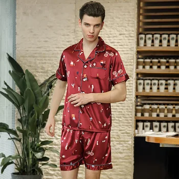 Meeste Sleepwear Komplekt Riideid Set Silk Plekk pijama Suvi Mees Pjamas Punane Mereväe Must Lühike Varrukas Püksid Seksikas Nightwear Meestele