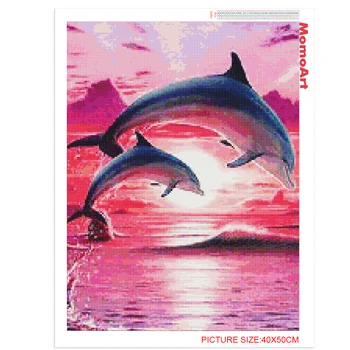 MomoArt 5D DIY Diamond Maali Dolphin Täis Ruut, Ring Diamond Tikandid Loomade ristpistes Kuu Seina Art Teenetemärgid