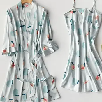 Naiste Hommikumantel Kimono Hommikumantel Kleit On Kahe-Osaline Komplekt, Suvel Uus Faux Siidist Sleepwear Satiin Vabaaja Nightwear Homewear Prindi Lounge Kanda