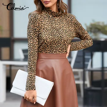 Naiste Leopard Printida Tops Celmia 2021 Kevadel T-särgid Kõrge Krae Vabaaja Tees Põhi-Särgid Vintage Blusas Streetwear