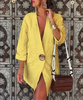 Naiste Riided (Solid Color Pikad Varrukad Vabaaja Puuvillane Linane Ülikond, Pintsak Kuulu Office Lady Topid Naistele, Pluusid Seksikad Topid Pluss Suurus