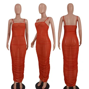 Neoon Oranž Õhuke Võrgusilma Ruched Camisole Kleidid Naistele Olkaimeton Varrukateta Sidemega Kleidid Elegantne Naiste Poole Sundress