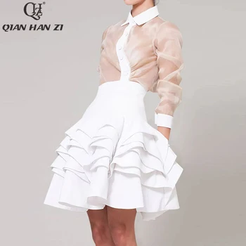 Qian Han Zi raja moe suvel naiste 2-osaline komplekt, roosa pikkade varrukatega särk ja valge ruffled Palli Kleit seelik Osaline ülikond komplekt