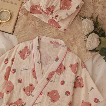 QWEEK Puuvillane Pidžaama Kimono Naiste Kawaii Roomwear Suvel 2021 Sobiks Naljakas Karu Prindi Pidžaamad Maasika Sleepwear Armas Pijamas