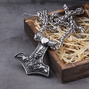Roostevabast Terasest Põhjamaade Odin koos raven kaelakee thor hammer viking kaelakee koos puidust kast nagu kingitus