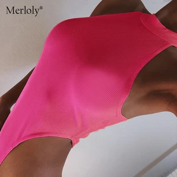 Seksikas bodysuit naiste varrukateta asutuste kõrge kaeluse must valge roheline roosa soonikkude keha sobib one-piece romper jumpsuits varustus