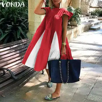 Suvel Rannas Kleit 2021 Bohemian Segast Kleit VONDA Naiste Vintage Lühikesed Varrukad Pool Vestidos Rüü Femme