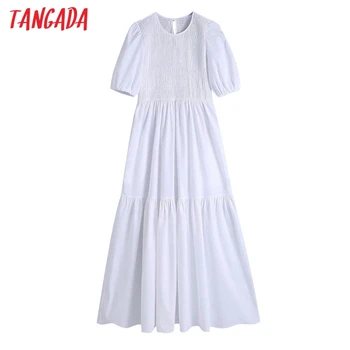 Tangada Naiste Elasitc Plisseeritud Valge Suvine Kleit 2021 Stiilne Mood Vintage Puhvis Varrukad Naiste Midi Kleidid BE525