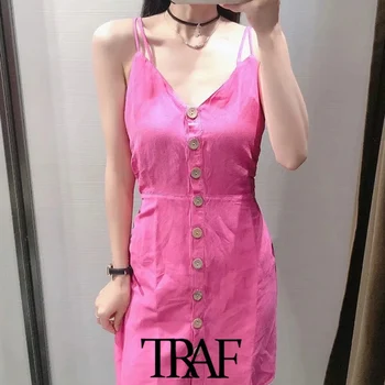 TRAF Naiste Mood Nupp-up Pesu Mini Kleit Vintage Backless Õhuke Ületanud Rihmad Naiste Kleidid Vestidos Mujer