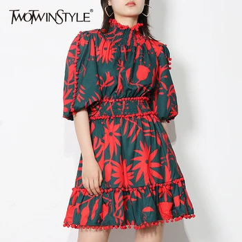 TWOTWINSTYLE Prindi Vintage Suvine Kleit Naistele Seista, Krae on Puhvis Varrukad Kõrge Vöökoht Mini Punane Naiste Kleidid Moe Uus Stiil