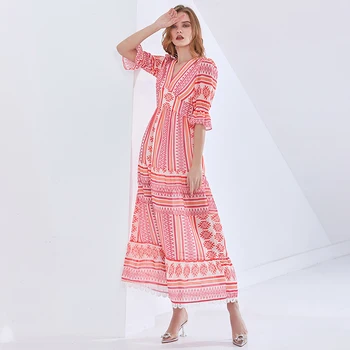 TWOTWINSTYLE Vintage Print Kevadel Kleit Naistele V-Kaeluse Poole Varruka Kõrge Vöökoht Elegantne Kleidid Naiste Mood Uued Riided 2021