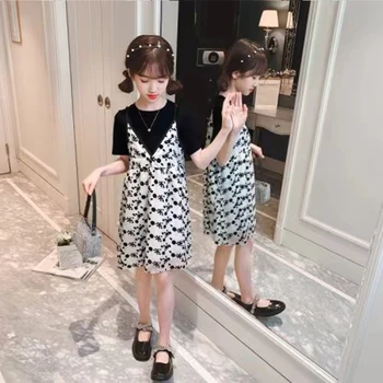 Uus 2021 Õie Suvel Tüdrukud Kleit Vooder Beebi Printsess Midi Kleit Laste peorõivad Mood Suspender Kleit + Särk