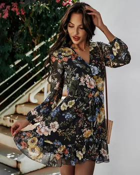 Uus Kevad Prindi Kleit Naiste Vabaaja Pikad Varrukad Lace Up Kõrge Vöökoht V-Kaeluse Lilleline Kleit Naistele 2021 Suvel Valge Sifonki Kleit