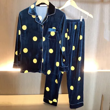 Veluur Sleepwear Trükitud Polka Dot 2TK Pidžaama Ülikond Naiste Kimono Kleit Sügisel Uus Intiimne Pesu Vabaaja Lahti Nightwear