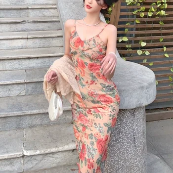 Vintage Elegantne Punase Õie Rihm Kleit Naiste Prantsuse Seksikas Stiil Daamid Pool Midi Kleit Puhkus Slim Beach Suvine Kleit 2021 Uus