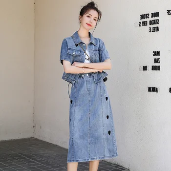 Vintage Mood Denim Ülikond Naiste 2021 Suvel korea Nupud Lühikeste varrukatega Topid+Armastus Denim Naiste Seelik 2-töö Vabaaja Rõivad