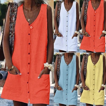 Vintage Oranž Sundress Naiste Suvine Kleit 2021 Stiilis Seksikas Kleit Mini Nuppu Taskud Tahke Beach Kleit Naine