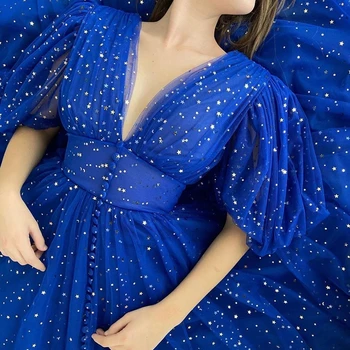 Weiyin AE0782 Tanssiaiset Kleit, Kuninglik Sinine, V-Kaeluse Puhvis Varrukad Tähistada Kleit-Line Plisseeritud Draped Ehitud Dubai õhtukleidid