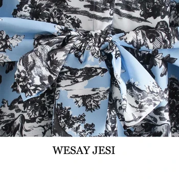 WESAY JESI 2021 Kevadel Blue Print Särk Naiste Kleit Pikk Varrukas Vöö Elegantne Midi Kleidid Naiste Stiilne Lilleline Plisseeritud Vestido