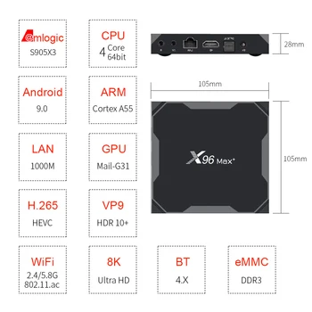 X96 MAX 4GB 64GB Android 9.0 Smart TV Box Amlogic S905X3 Dual Quad Core, Wifi, BT H. 265 8K 24fps Toetada Youtube ' i X96Max