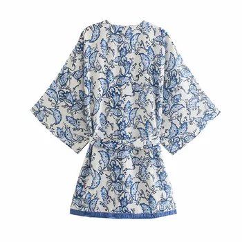 Za 2021 Sinise Õie Printida Kimono Naiste Pluus Pikad Varrukad Vibu Vöö Beach Kimono Naine Vintage Tutt Suvel Top Lahtised Pluusid