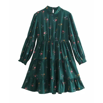 Za Roheline Vintage Õie Printida Ruffle Kleit Stiilne Naiste Ruched Poole Mini Kleit Naine Pikad Varrukad Elastne Vöökoht Lühike Vestidos