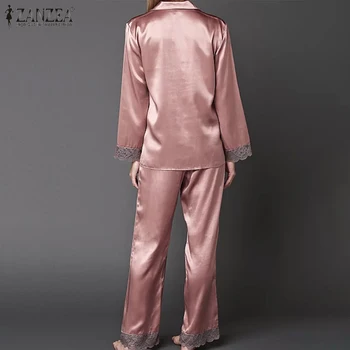 ZANZEA Naiste Satiin Pidžaama Komplekti 2021 Kevadel Faux Siidist Sleepwear Juhuslik Naine Solid 2-Osaline Pikad Varrukad Nightgowns Pluss Suurus 5XL